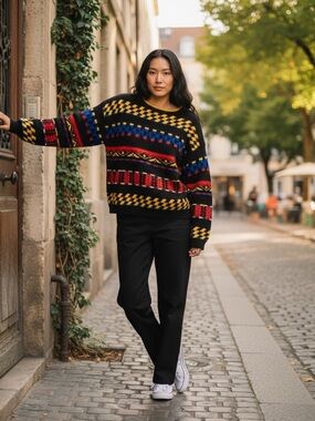 Vintage Men's Black Crewneck Sweater with Red, Yellow & Blue Geometric Stripes